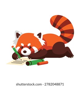A cute red panda lying on its stomach writing with colorful crayons on a piece of paper