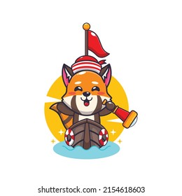cute red panda mascot cartoon character on the boat