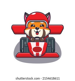 cute red panda mascot cartoon character riding race car
