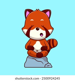 Cute Red Panda Meditating On Stone Cartoon Vector Icon Illustration with Flat Cartoon Concept 