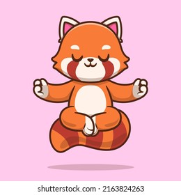 Cute Panda Rojo Meditando Ilustración Del Icono Del Vector De Caricaturas De Yoga. Concepto de icono de la naturaleza animal Vector Premium aislado. Estilo de dibujo plano