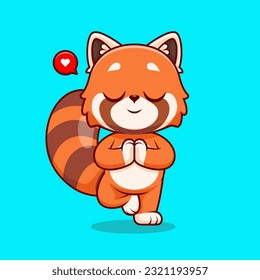 Cute Red Panda Meditation Yoga Cartoon Vector Icon Illustration. Animal Sport Icon Concept Isolated Premium Vector. Flat Cartoon Style