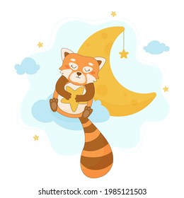 Cute red panda and moon. Hand drawn baby poster with cartoon character animal. Decoration for nursery or card for children. Vector flat illustration