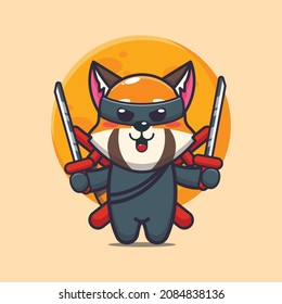 Cute red panda ninja. Cute cartoon animal illustration.