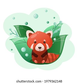 Cute red panda on a background of green leaves. Children's animal illustration.Forest.