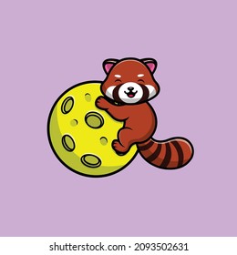 Cute Red Panda On Moon Cartoon Vector Icon Illustration. Animal Science Icon Concept Isolated Premium Vector. Flat Cartoon Style