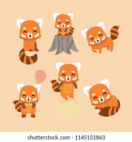 Cute red panda on pastel background. Animal cartoon design. 
