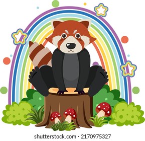 Cute red panda on stump in flat cartoon style illustration