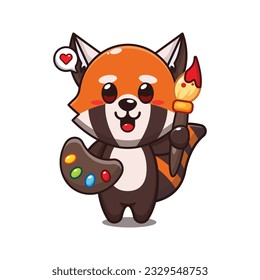 cute red panda painter cartoon vector illustration.