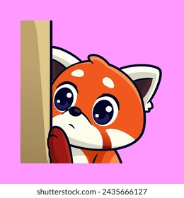 cute red panda peeping from behind wall lurk emotes sticker cartoon vector illustration