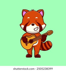 Cute Red Panda Playing A Accoustic Guitar Cartoon Vector Icon Illustration. Animal Music Concept. Flat Cartoon Style.