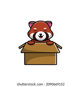 Cute Red Panda Playing In Box Cartoon Vector Icon Illustration. Animal Icon Concept Isolated Premium Vector. Flat Cartoon Style