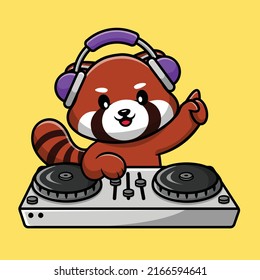 Cute Red Panda Playing DJ Music With Headphone Cartoon Vector Icon Illustration. Animal Technology Icon Concept Isolated Premium Vector.