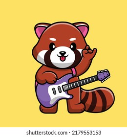 Cute Red Panda Playing Electric Guitar Cartoon Vector Icon Illustration. Animal Music Flat Cartoon Concept