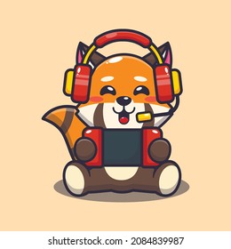 Cute red panda playing a game. Cute cartoon animal illustration.