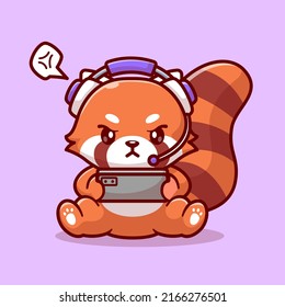 Cute Red Panda Playing Game With Headphone Cartoon Vector Icon Illustration. Animal Technology Icon Concept Isolated Premium Vector. Flat Cartoon Style