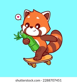 Cute Red Panda Playing Skateboard With Bamboo Cartoon Vector Icon Illustration. Animal Sport Icon Concept Isolated Premium Vector. Flat Cartoon Style