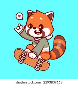 Cute Panda Rojo Jugando Skateboard Con Ilustración De Icono De Vector De Caricatura De Mano Metal. Vector Premium Aislado De Icono De Deportes Animales. Estilo de dibujo plano