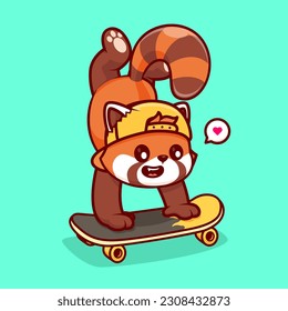 Cute Red Panda Playing Skateboard Cartoon Vector Icon Illustration. Animal Sport Icon Concept Isolated Premium Vector. Flat Cartoon Style