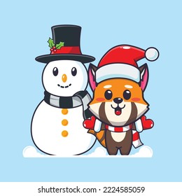 Cute red panda playing with Snowman. Cute christmas cartoon illustration.