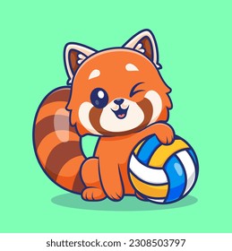 Cute Red Panda Playing Volley Ball Cartoon Vector Icon Illustration. Animal Sport Icon Concept Isolated Premium Vector. Flat Cartoon Style