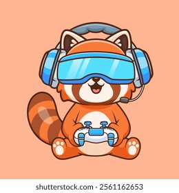 Cute Red Panda Playing Vr Game With Controller Cartoon 
Vector Icon Illustration. Animal Technology Icon Concept 
Isolated Premium Vector. Flat Cartoon Style 