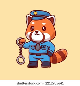 Cute Red Panda Police Holding Handcuff Cartoon Vector Icon Illustration. Animal Profession Icon Concept Isolated Premium Vector. Flat Cartoon Style