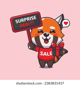 cute red panda with promotion sign and gift box in black friday sale cartoon vector illustration