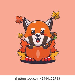 Cute red panda in a pumpkin at autumn season. Mascot cartoon vector illustration suitable for poster, brochure, web, mascot, sticker, logo and icon.