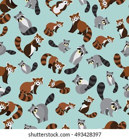 Cute red panda and raccoon on blue background pattern. Animal seamless pattern design. 