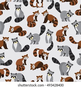 Cute red panda and raccoon on gray background pattern. Animal seamless pattern design. 