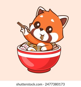 Cute Red Panda In Ramen Noodle With Chopstick Cartoon Vector Icon Illustration. Animal Food Icon Concept Isolated Premium Vector. Flat Cartoon Style