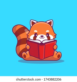 Cute Red Panda Reading Book Cartoon Vector Icon Illustration. Animal Education Icon Concept Isolated Premium Vector. Flat Cartoon Style 