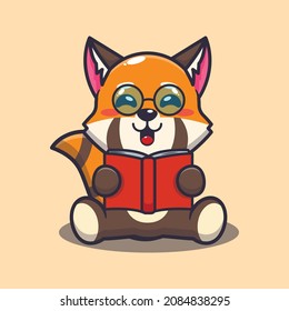 Cute red panda reading a book. Cute cartoon animal illustration.
