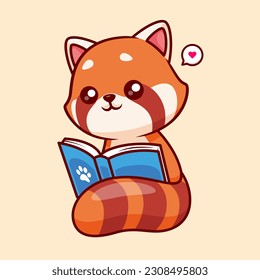 Cute Red Panda Reading Book Cartoon Vector Icon Illustration. Animal Education Icon Concept Isolated Premium Vector. Flat Cartoon Style