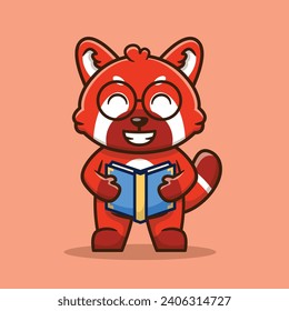 Cute Red Panda Reading A Book Vector Cartoon Illustration