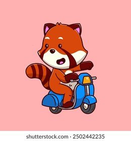 Cute Red Panda Riding A Scooter Cartoon Vector Icon Illustration. Animal Transportation Activities. Flat Cartoon Concept.