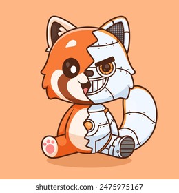 Cute Red Panda Robot Cyborg Cartoon Vector Icon Illustration. Animal Technology Icon Concept Isolated Premium Vector. Flat Cartoon Style