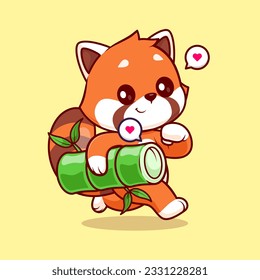 Cute Red Panda Running And Holding Bamboo Cartoon Vector Icon Illustration. Animal Nature Icon Concept Isolated Premium Vector. Flat Cartoon Style