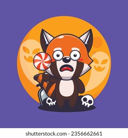 Cute red panda scared by ghost in halloween day. Cute halloween cartoon illustration.