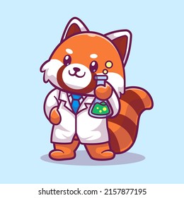 Cute Red Panda Scientist Holding Chemical Liquid Cartoon Vector Icon Illustration. Animal Science Icon Concept Isolated Premium Vector. Flat Cartoon Style