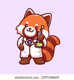 Cute Red Panda Scientist Holding Lab Tube Cartoon Vector Icon Illustration. Animal Science Icon Concept Isolated Premium Vector. Flat Cartoon Style