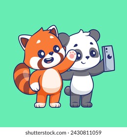 Lindo Panda Rojo Y Panda Selfie Con Ilustración De Icono De Vector De Dibujos Animados. Icono de tecnología animal concepto aislado Vector Premium. Estilo plano de dibujos animados