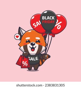 cute red panda with shopping bag and balloon at black friday sale cartoon vector illustration