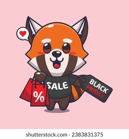 cute red panda with shopping bag and black friday sale discount cartoon vector illustration