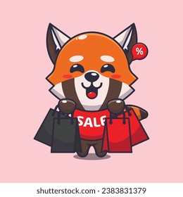 cute red panda with shopping bag in black friday sale cartoon vector illustration