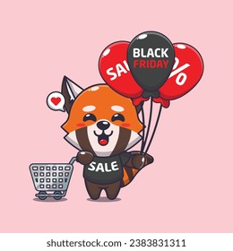 cute red panda with shopping cart and balloon at black friday sale cartoon vector illustration