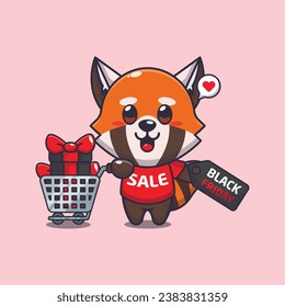 cute red panda with shopping cart and discount coupon black friday sale cartoon vector illustration