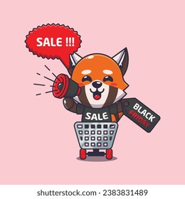 cute red panda in shopping cart is promoting black friday sale with megaphone cartoon vector illustration