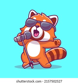 Cute Red Panda Singing Cartoon Vector Icon Illustration. Animal Music Icon Concept Isolated Premium Vector. Flat Cartoon Style